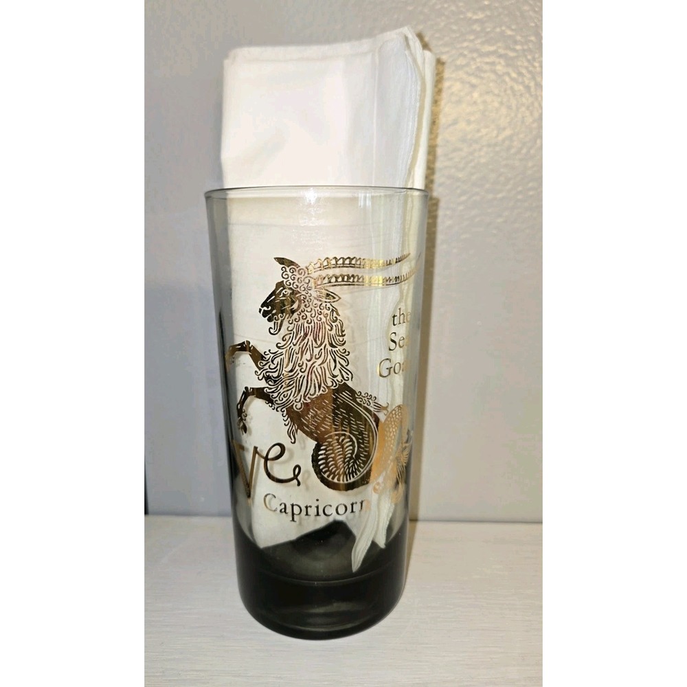 MCM Capricorn Zodiac Glass Tumbler Gold Highball Tom Collins Barware Vintage